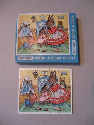 Rompecabezas de madera vintage VICTORY, familia de conejos, familia de conejos en casa Foto 1 de 4