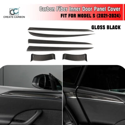 6pcs Dry Carbon Fiber Inner Door Panel Trim Cover Fit For Tesla Model S 2021+ - Изображение 1 из 4