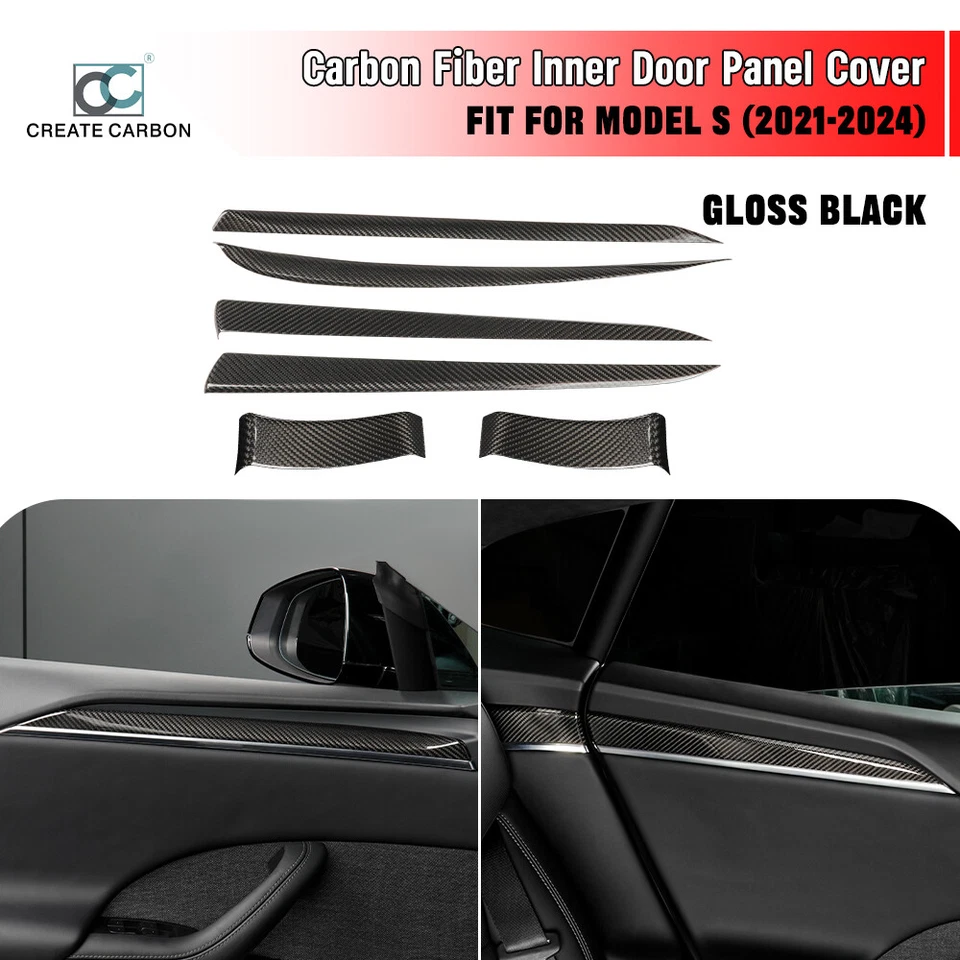 6pcs Dry Carbon Fiber Inner Door Panel Trim Cover Fit For Tesla Model S 2021+ - Image 1 of 4