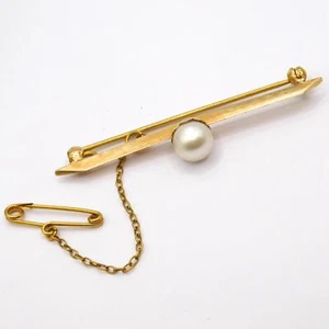 ELEGANT ART DECO 9CT GOLD & PEARL SAFETY PIN BROOCH WITH CHAIN - Picture 1 of 7