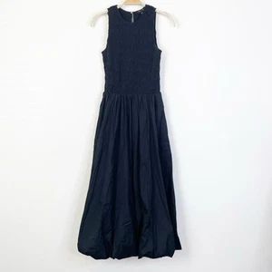 Madewell The Melody Bubble-Hem Smocked Midi Dress in Poplin True Black NT311 XXS - Picture 1 of 12