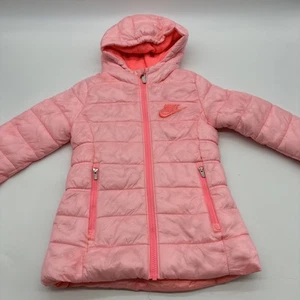 Nike Just Do It Puffer Jacket Hoodie Full Zip Girls Size 4 XS Pink Pocket Zip. - Picture 1 of 15