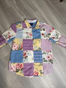 Vintage Floral Stripe Patchwork Button Down Shirt HUNT CLUB Size 12 EXC RL Style - Picture 1 of 12