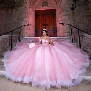 Pink Off Shoulder Quinceanera Dresses Beading Crystal Lace Applique Tull Sweet16 - Picture 1 of 8