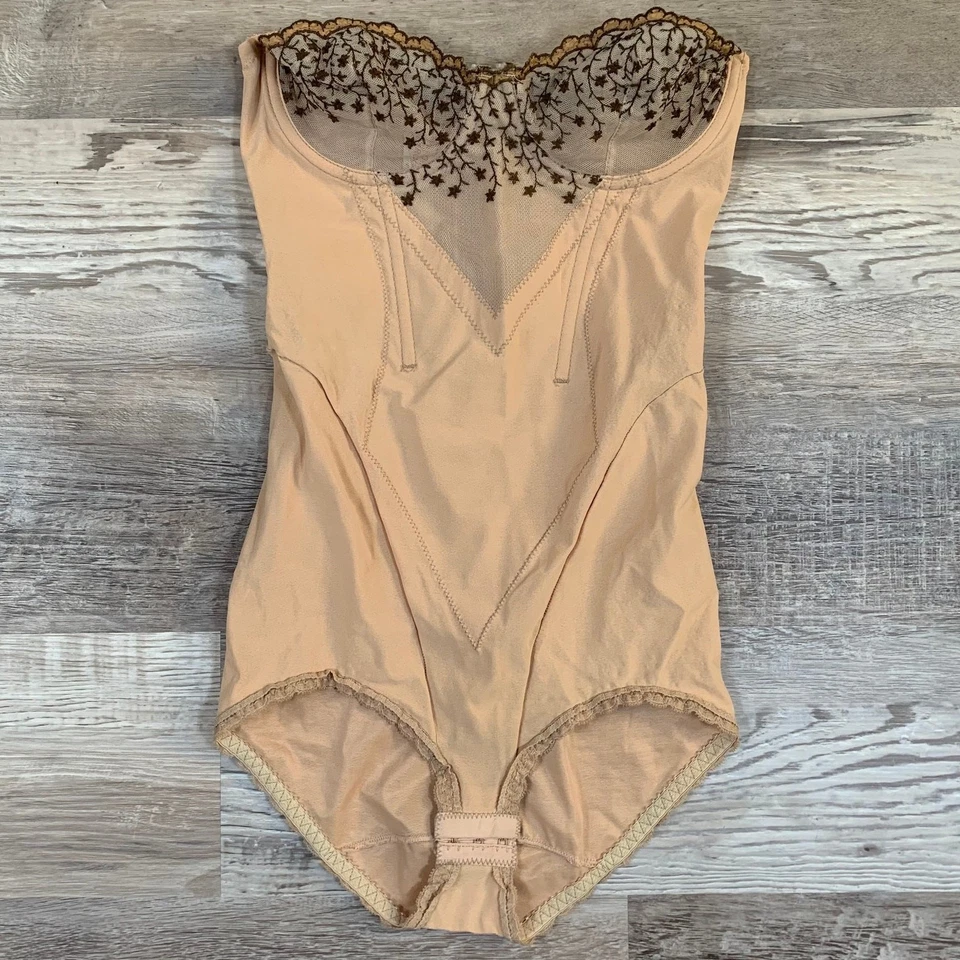 Vintage Sheer Mesh Bodysuit Peach Lace Floral Embroidery Strapless Shapewear - Image 1 of 4