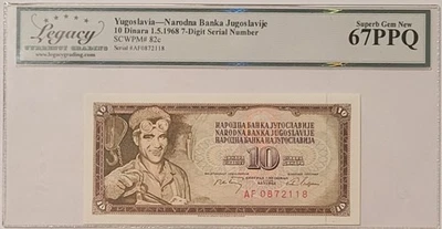 Billete de 10 Dinara de Yugoslavia 1968 excelente gema nuevo 67 PPQ Legacy Foto 1 de 4