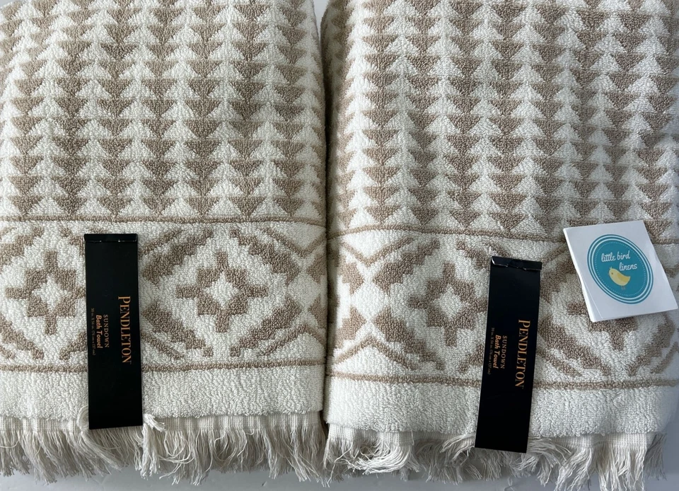 PENDLETON WHITE TAN CEMENT SUNDOWN FRINGE AZTEC 100 COTTON 2 BATH TOWEL SET