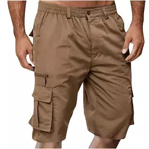 Blczomt Cargo Shorts Men Size L Khaki Elastic Waist Pocket Relaxed Fit Work --Y1 - Picture 1 of 6
