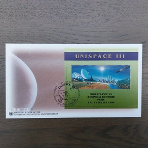 Estampillas UNO Ginebra 1999 Unispace/Philexfrance (Michel Bl.11 I) usadas en FDC - Imagen 1 de 1