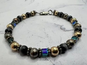 Vintage 925 Sterlingsilber Armband mit silbernen Abstandshaltern Katzenauge und Glasperlen - Bild 1 von 6
