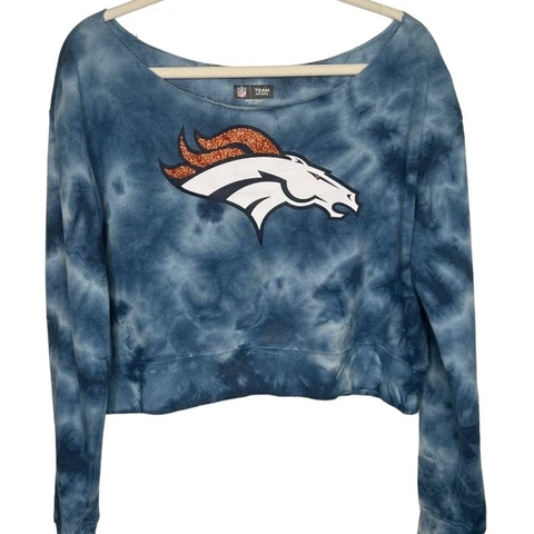 NFL Team Apparel Broncos Sweatshirt Women's Size M Blue Tie Dye Cropped Pullover Cover
