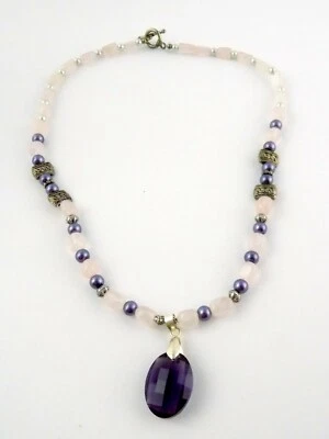 Серебристый металлический розовый кварц черный жемчуг бисером ожерелье граненое стекло подвеска - Изображение 1 из 4