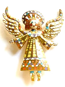 BOB MACKIE RENOWNED DESIGNER GUARDIAN ANGEL ENAMELED GOLD TONE BROOCH SIGNED - Picture 1 of 5