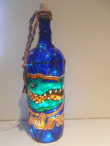 Florida Gators Inspired Bottle Lamp Hand Painted Stained Glass look Lighted Cover