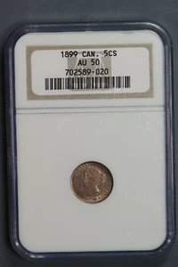 1899 5C CANADA 5 CENT SILVER VICTORIA HEAD NGC AU50 ABOUT UNC SLAB-112 - Picture 1 of 4
