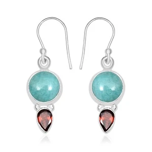 Amazonite & Garnet Gemstone Solid 925 Sterling Silver Earrings For Women E-3920 - Picture 1 of 2