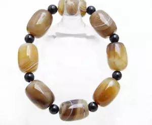 12*16mm Barrel Shape Natural Brown Striped Agate & 6mm Agate 7.5'' Bracelet-b423 - Picture 1 of 4