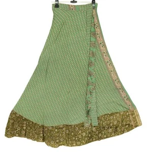 Sushila Vintage Henna Green Silk Saree Magic Wrap Reversible Skirt Beach Dress - Picture 1 of 8