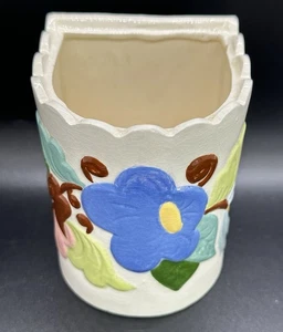 60er Jahre handbemalter Keramik Kanister gewellter Rand blau rosa Blumen 4,5" selten - Bild 1 von 16