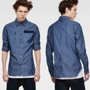 $190 Designer Rare G-STAR RAW Men's 3D Blue Stretch Slim Button Shirt S,M - Picture 1 of 8