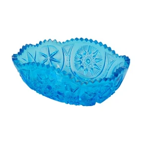 Vintage Blue Pressed Glass Candy Dish Sawtooth Edge Starburst Bowl 7.5" - Picture 1 of 11