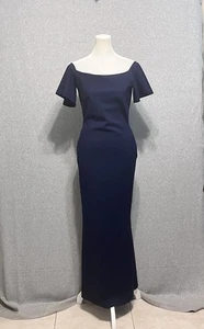 Chiara Boni Anselma cap sleeve off the shoulder evening gown navy blue - Picture 1 of 11