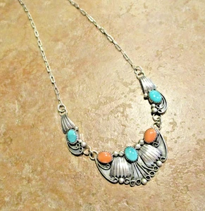 COLORFUL !!  Vintage Navajo Sterling Silver TURQUOISE / SPINY OYSTER Necklace - Picture 1 of 12