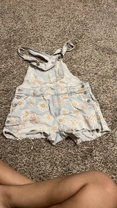 Jordache Overalls Girls Large 10-12 Blue Pink Denim Floral Print Shorts Shortall - Picture 1 of 2