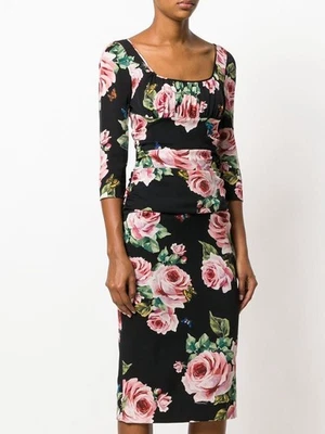 DOLCE & GABBANA Sheath Dress Black Pink Rose Print Stretch Silk Ruched Sz I 40 - Image 1 of 4