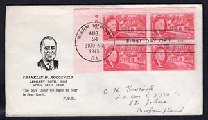 USA 1945 FDC Cover. FRD. Roosevelt 2c Plate Block. Cachet - Picture 1 of 2