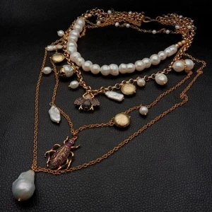 layered chain White Pearl Cz insect multi-layer charm necklace - Picture 1 of 6