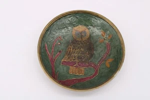 Vntg Brass Enamel Owl Trinket Dish Plate - Owl on Branch w Base 5.75" Great Gift - Picture 1 of 6