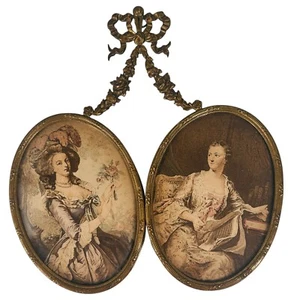 Antique French Brass Bronze Victorian Ornate Bow Ribbon Double Picture Frame - Picture 1 of 11