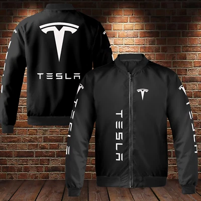Chaqueta de bombardero unisex a prueba de viento impresa con logotipo de coche Tesla Foto 1 de 4