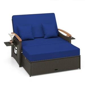 3-in-1 Outdoor Patio Round Daybed Rattan Wicker Loveseat Cushion Storage Ottoman - Picture 1 of 10