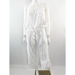 Cloth & Stone White Belted Jumpsuit Size M Cropped Wide Leg Frayed Hem Strapless - Picture 1 of 11