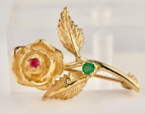 Vintage 14K Yellow Gold Rose Flower Brooch w/Ruby & Emerald Accents 3.71 Grams