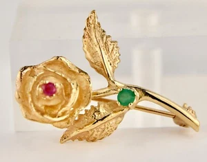 Vintage 14K Yellow Gold Rose Flower Brooch w/Ruby & Emerald Accents 3.71 Grams - Picture 1 of 8