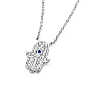Sterling Silver 925 simulated SAPPHIRE & CZ Hand of Hamsa Necklace 16 - 18" - Picture 1 of 7