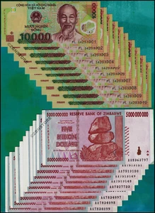 10 x 5 Billion Zimbabwe Dollars + 10 x 10,000 Vietnam Dong 2022 Authentic w/ COA - Picture 1 of 5