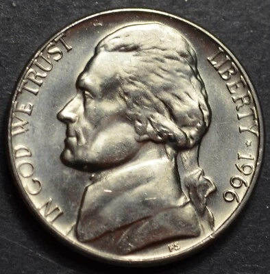 1966 P UNCIRCULATED JEFFERSON NICKEL FROM A SEALED BANK ROLL BUSINESS STRIKE #13 - Image 1 of 2