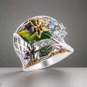 Amethyst, Citrine, Chrome Diopside, Topaz Nature Ring Plat over Sterling Silver - Picture 1 of 12