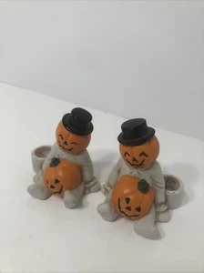 2 Vintage Halloween JOL Kürbis Geist Kerzenständer Halter Keramik 80er Jahre 3,5" - Bild 1 von 4