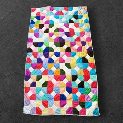 Vintage Hand Sewn Childs Colorful Patchwork Quilt Block color By Karen 66x39 - Image 1 of 4