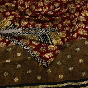Indian Vintage Sari Red & Brown Pure Georgette Silk Hand Block Printed Saree 5yd - Picture 1 of 23