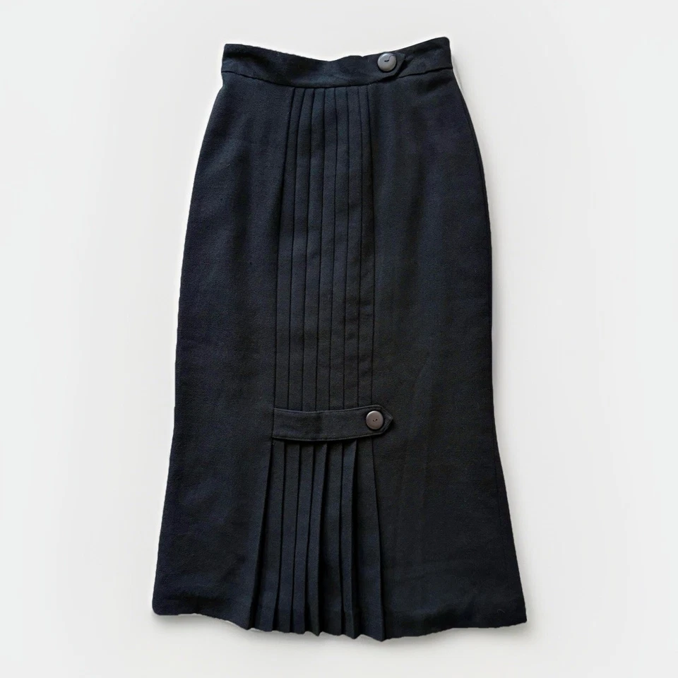 VTG Gorgeous Lasserre Paris Black Wool Pencil Skirt Pleated Buttons Size 38 - Image 1 of 4