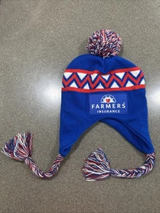 Farmers Insurance Beanie Hat Pom Tassels Red White Blue Ski Snow Winter Knit - Picture 1 of 5