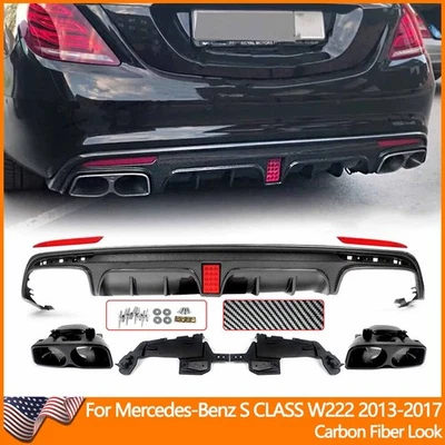 For 2013-2017 Mercedes Benz W222 S550 S63 Rear Diffuser w/LED Light + Exhuast - Image 1 of 4
