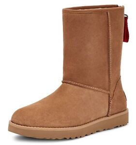 UGG Women's Classic Short Logo Zip Wool Lined Suede Winter Boots Chestnut Size 6