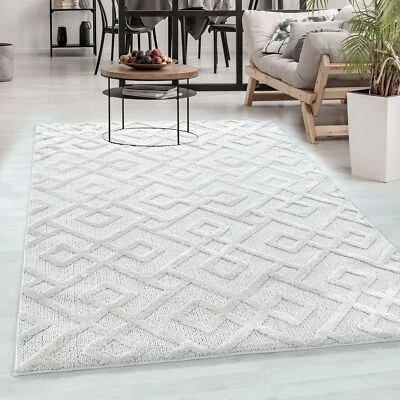 Teppich Wohnzimmer Hoch-Tief Effekt Creme Elegant Rauten Boho Design Teppich - Bild 1 von 4